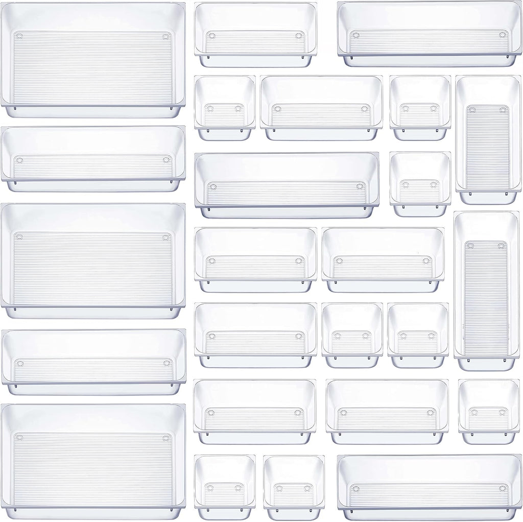 Seseno 25 PCS Clear Plastic Drawer Organizers - Versatile Storage Bins for Makeup, Kitchen & Office | 4 Sizes