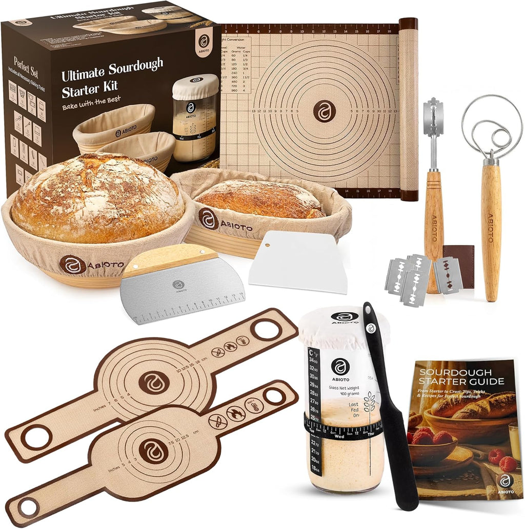 Skiennix Sourdough Bread Baking Kit - 21 Piece Starter Set with 24oz Jar, Rattan Baskets & Tools
