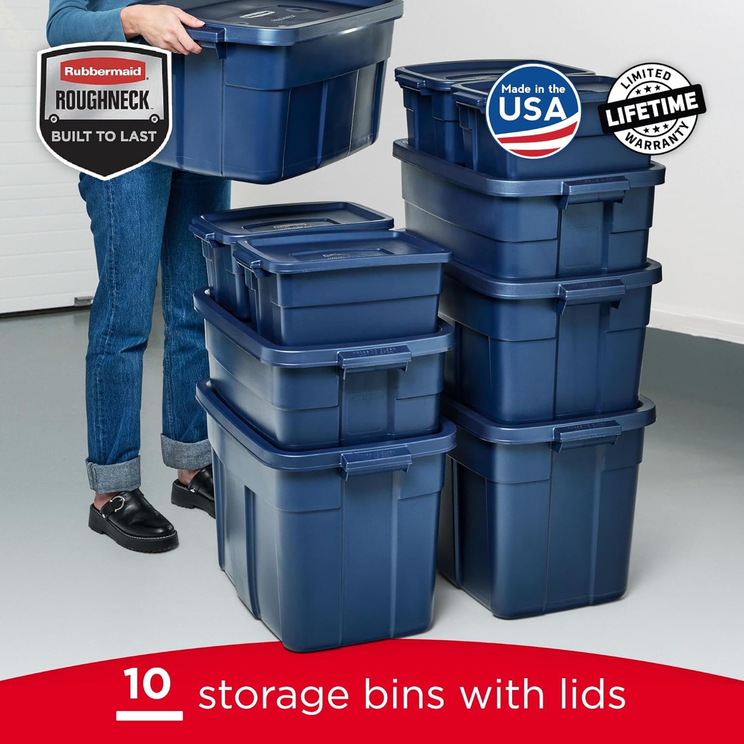 Rubbermaid Roughneck Tote - Durable Dark Indigo Metallic Storage Bins with Lids & Handles (Pack of 10)