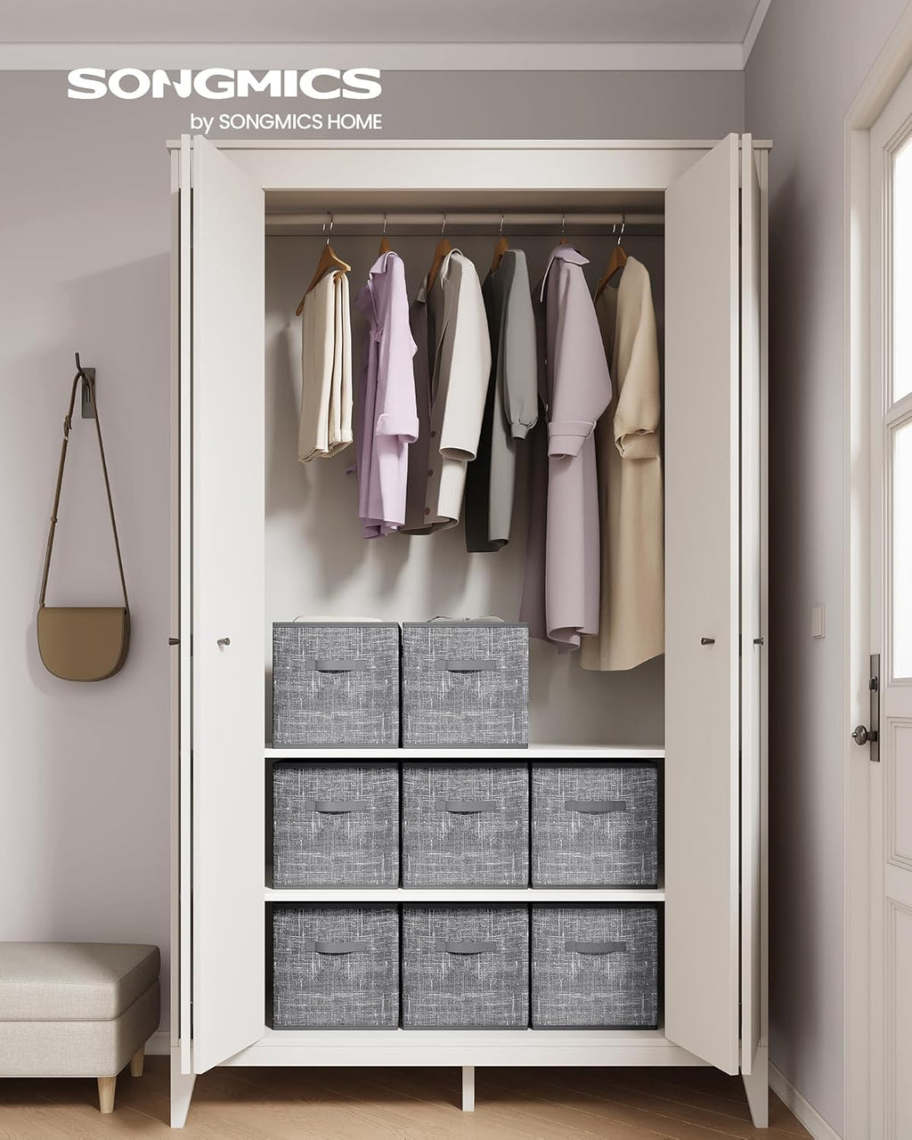 SONGMICS Storage Cubes - Foldable Non-Woven Fabric Bins with Double Handles - Set of 8, Cattail Gray, 13 x 13 x 13 Inches