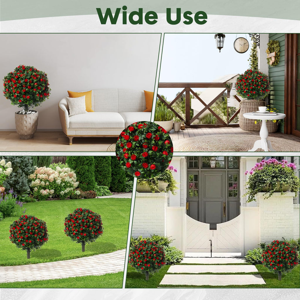 24" Artificial Boxwood Topiary Ball Trees with Red Rose,w/Ground Spike, Set of 2 UV Resistant Fake Evergreen Shrubs Bushes Plants for Artificial Plants,Fake Plants for Front Porch,Garden,Yard