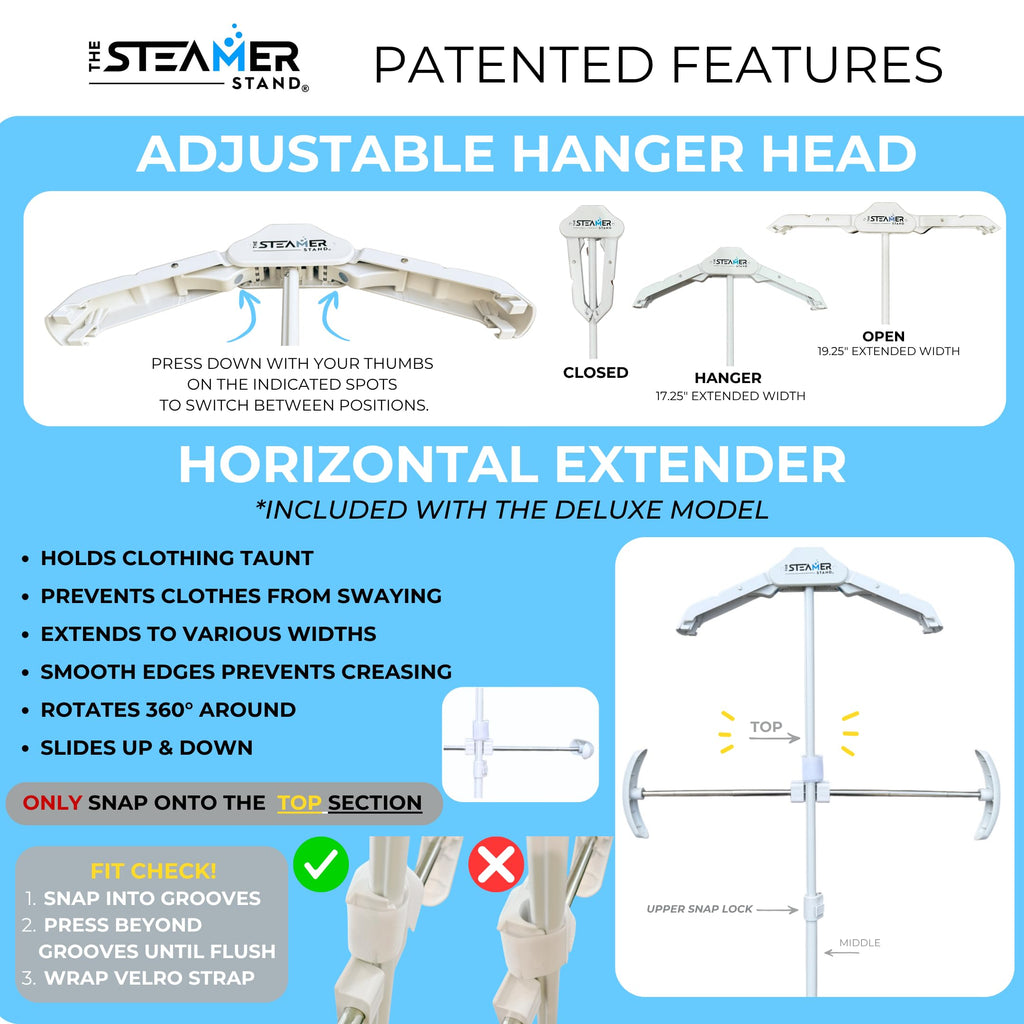 The Steamer Stand Deluxe | Adjustable Standing Garment Steaming Rack with Hanger | Fast, Foldable, Portable Clothes Steam Ironing Solution for Travel & Home