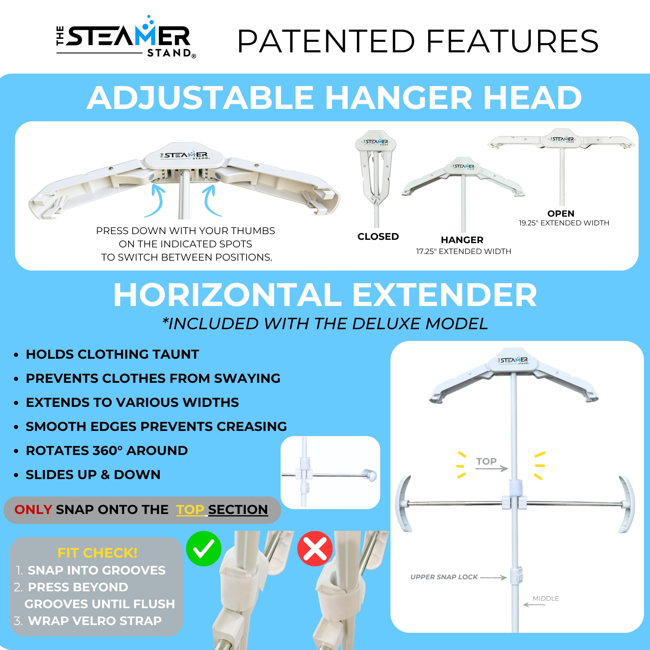 The Steamer Stand Deluxe | Adjustable Standing Garment Steaming Rack with Hanger | Fast, Foldable, Portable Clothes Steam Ironing Solution for Travel & Home