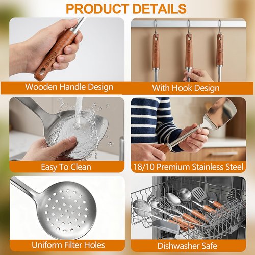 9PCS 18/8 Stainless Steel Kitchen Utensils, Stainless Steel Cooking Utensils with Wooden Handle, Metal Cooking Utensils Set, Spatula, Ladle, Skimmer, Spaghetti Spoon, Potato Masher, Easy To Clean