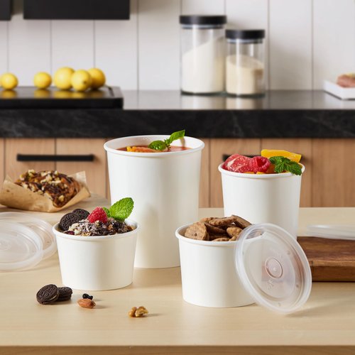 DealbyBox Disposable Kraft Paper Soup Cups with Lids, Paper Food Containers, Ice Cream Cups, To Go Bowls for Hot and Cold Food Combo Pack (250 Sets) (White with PP Lid, 32oz)