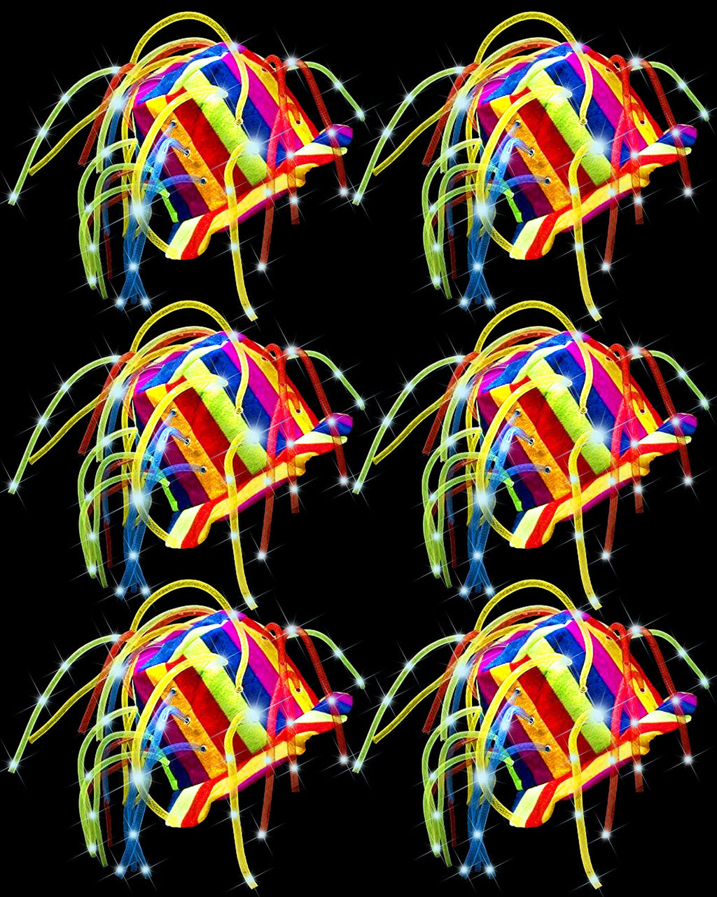 Wesiti 6 Pcs LED Funny Clown Crazy Hat Light up Jester Glow in Dark Crazy Hat Mardi Gras Noodle Hair for Adults Party Cosplay Costume Decor Supplies