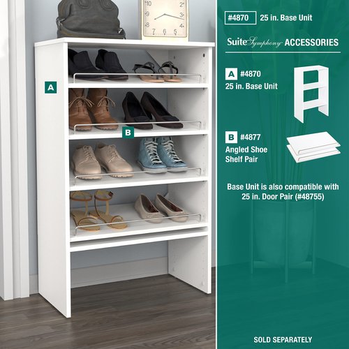 ClosetMaid SuiteSymphony Wood Shoe Shelves Set, Add On Accessory, Angled, Shoe Fence, for 25 in. Units, Pure White/Satin Nickel