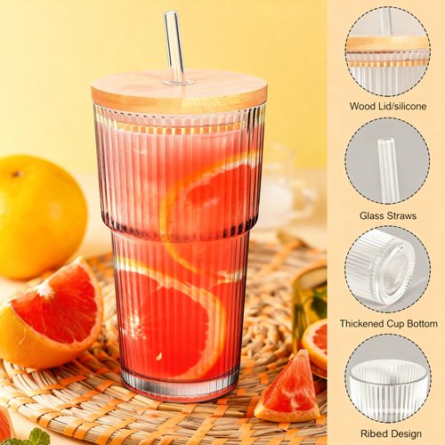YupURStyle Premium Thick Glass Cups Set of 4 with Lids & Straws, 20oz Leak-Proof Vintage Tumblers for Bubble Tea Iced Coffee, BPA-Free Ribbed Drinking Glassware (20oz Ribbed 4Packs)