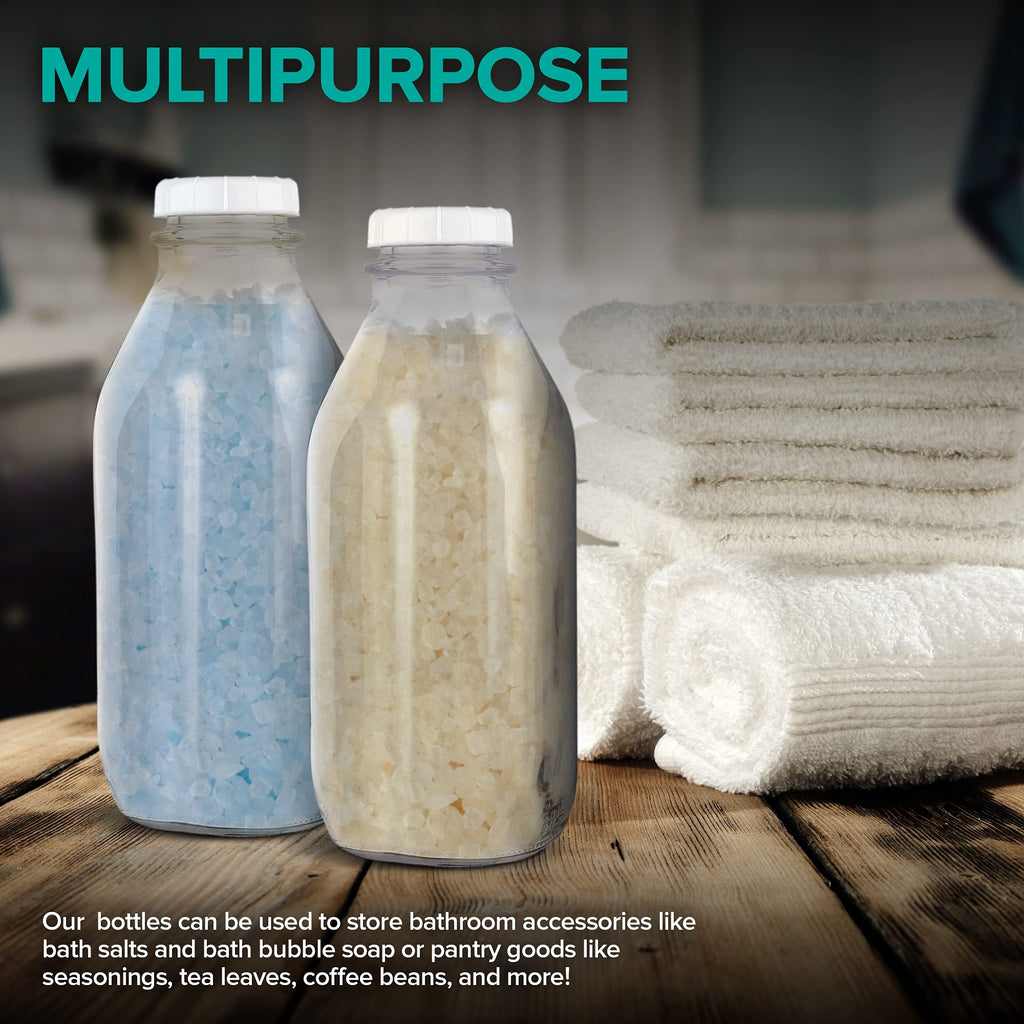 Stock Your Home Liter Glass Milk Bottle with Lid (3 Pack) 32 Oz Jugs and 6 White Caps, Reusable Food Grade Milk Container for Refrigerator, Bottles for Juice, Oat or Plant Milks, Water, Honey