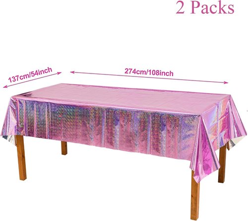 GREATRIL Iridescent Foil Fringe Curtains - 2 Pack with Pink Party Table Cloths - Perfect for Backdrop Decor