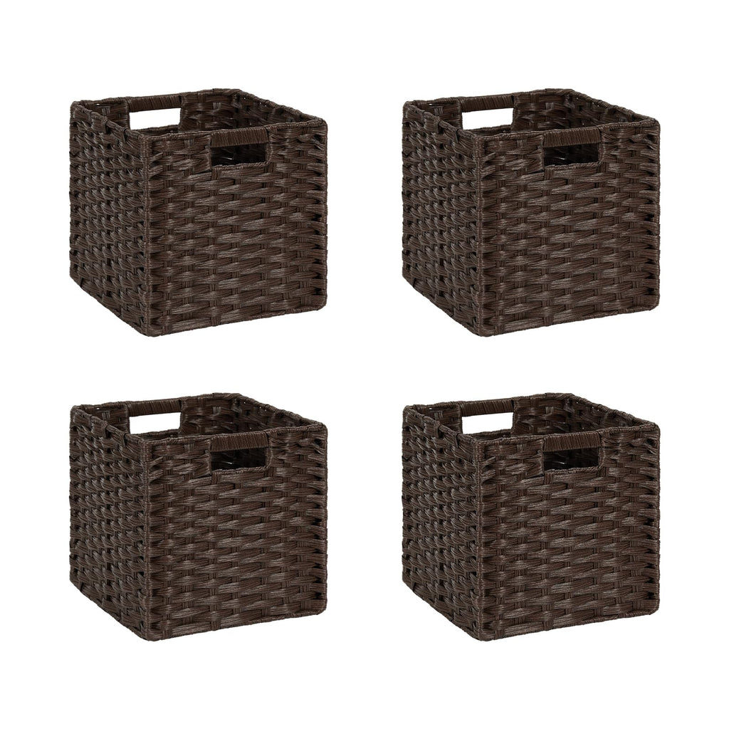 DULLEMELO Wicker Storage Baskets 11x11 Cube Storage Bins for Organizing Plastic Woven Baskets Set of 4 Waterproof Wowen Storage Cube Organizer for Pantry Closet Set of 4 - Deep Coffee