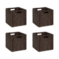 DULLEMELO Wicker Storage Baskets 11x11 Cube Storage Bins for Organizing Plastic Woven Baskets Set of 4 Waterproof Wowen Storage Cube Organizer for Pantry Closet Set of 4 - Deep Coffee