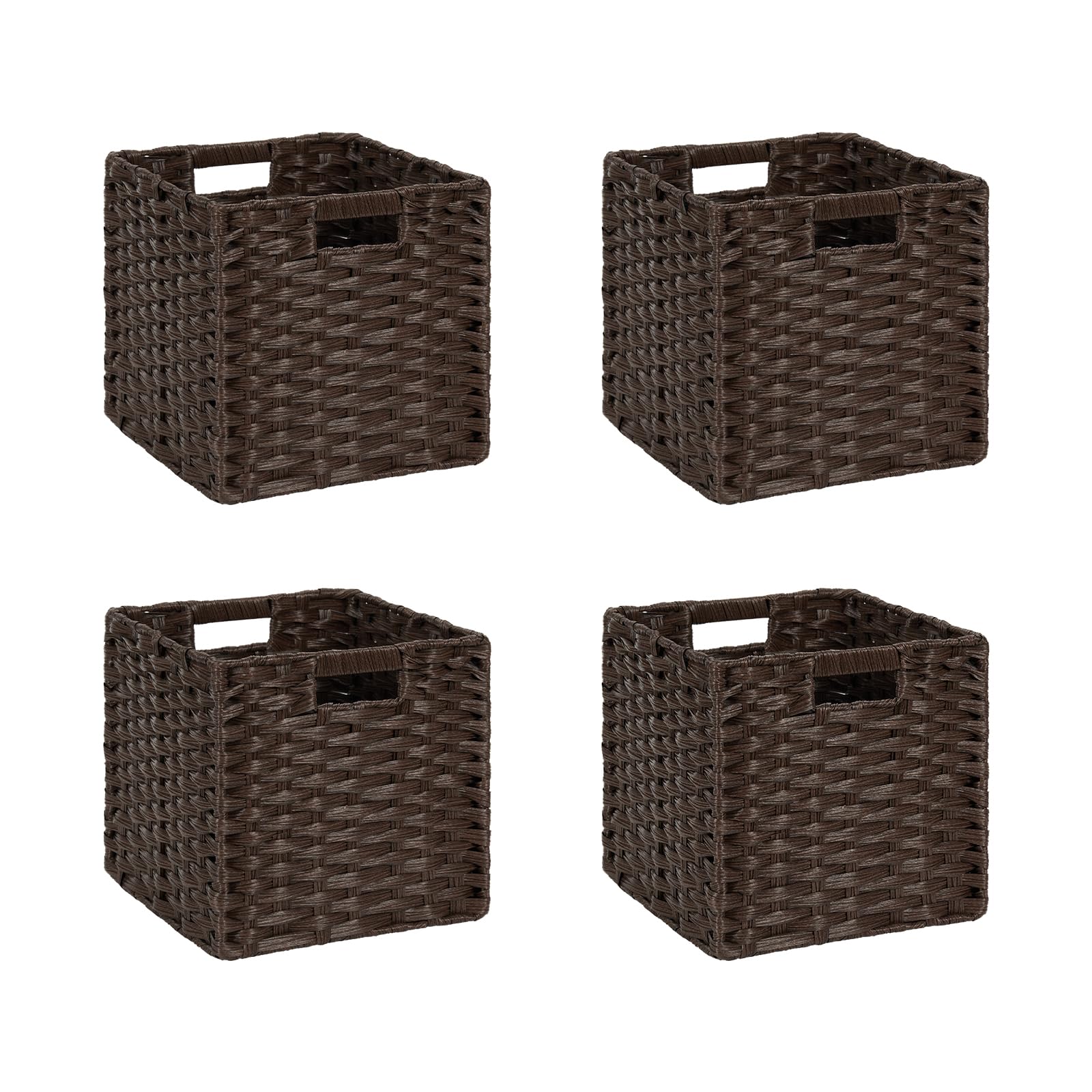 DULLEMELO Wicker Storage Baskets 11x11 Cube Storage Bins for Organizing Plastic Woven Baskets Set of 4 Waterproof Wowen Storage Cube Organizer for Pantry Closet Set of 4 - Deep Coffee