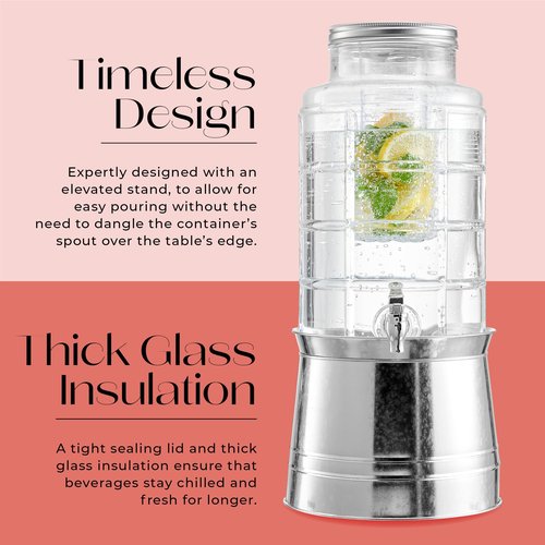 Style Setter Patchwork Beverage Dispenser Cold Drink Dispenser w/ 2.4-Gallon Capacity Glass Jug, Ice Insert, Fruit Infuser, Galvanized Base, Leak Proof Spigot Great for Parties Weddings