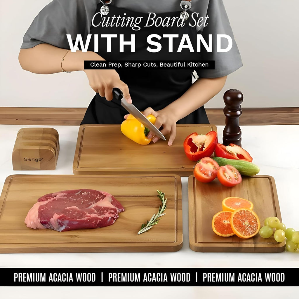 Sango Acacia Cutting Board Set - 3-Piece Wood Chopping Boards with Juice Grooves & Stand | Non-Toxic, Stackable & Reversible