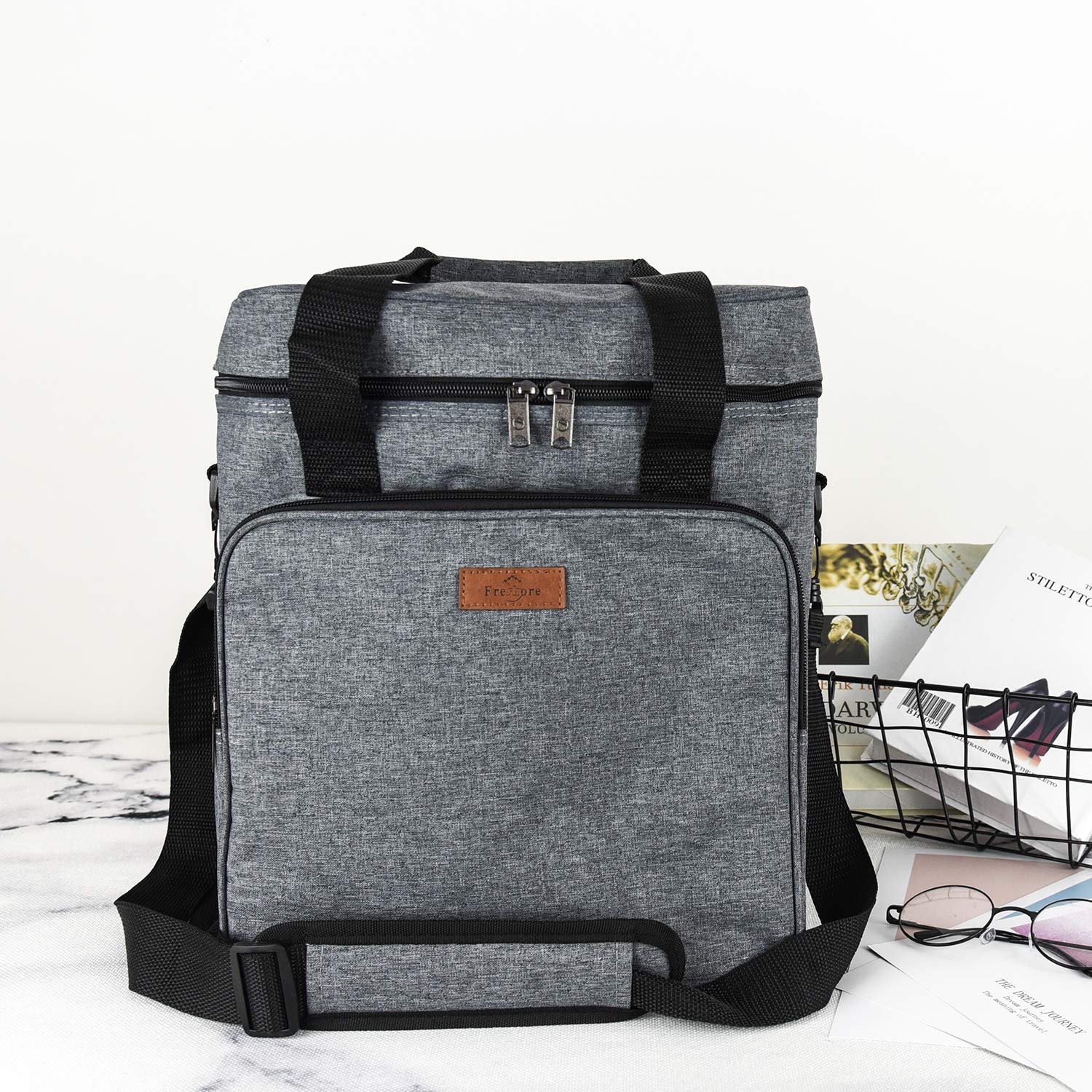 Freshore® Insulated Wine Carrier 6 Bottle Bag Tote Removable Padded Divider Cooler - Portable Travel Carrying Canvas Case Adjustable Shoulder Strap - (Space Grey)