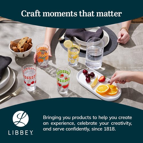 Libbey Vintage Juice Drinking Glasses Set of 4, Colorful, Retro Fruit Design Glass Cups Set, Dishwasher Safe Water Glasses Set for Everyday Beverages