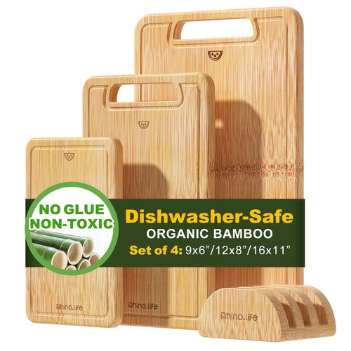 Bamboo Wood Cutting Board 4-Piece Set, Dishwasher Safe, Organic Bamboo, No Glue & Non-Toxic & Healthy, with Juice Groove, Lightweight & Durable, Plastic-Free Kitchen Chopping Board for Meat