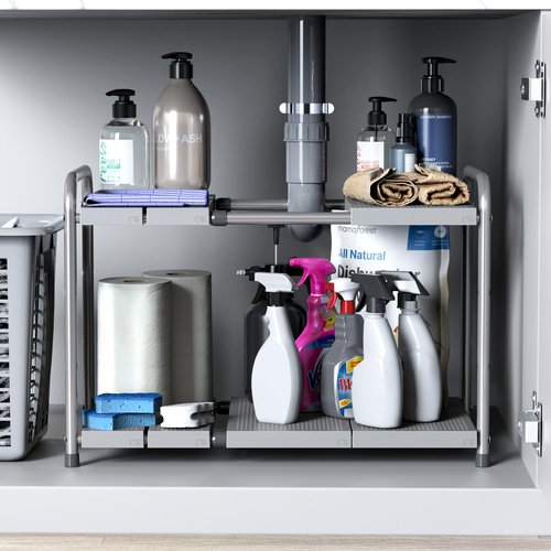 Simple Houseware Under Sink 2-Tier Heavy Duty Expandable Rack Organizer, Adjustable Width 15.75–25 Inches with 4 Shelf Height Levels, Silver