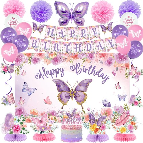 Roetyce Butterfly Decorations, 37PCS Happy Birthday Banner Balloons Honeycomb Centerpieces Cake Topper Kit, Purple and Pink Party Decorations