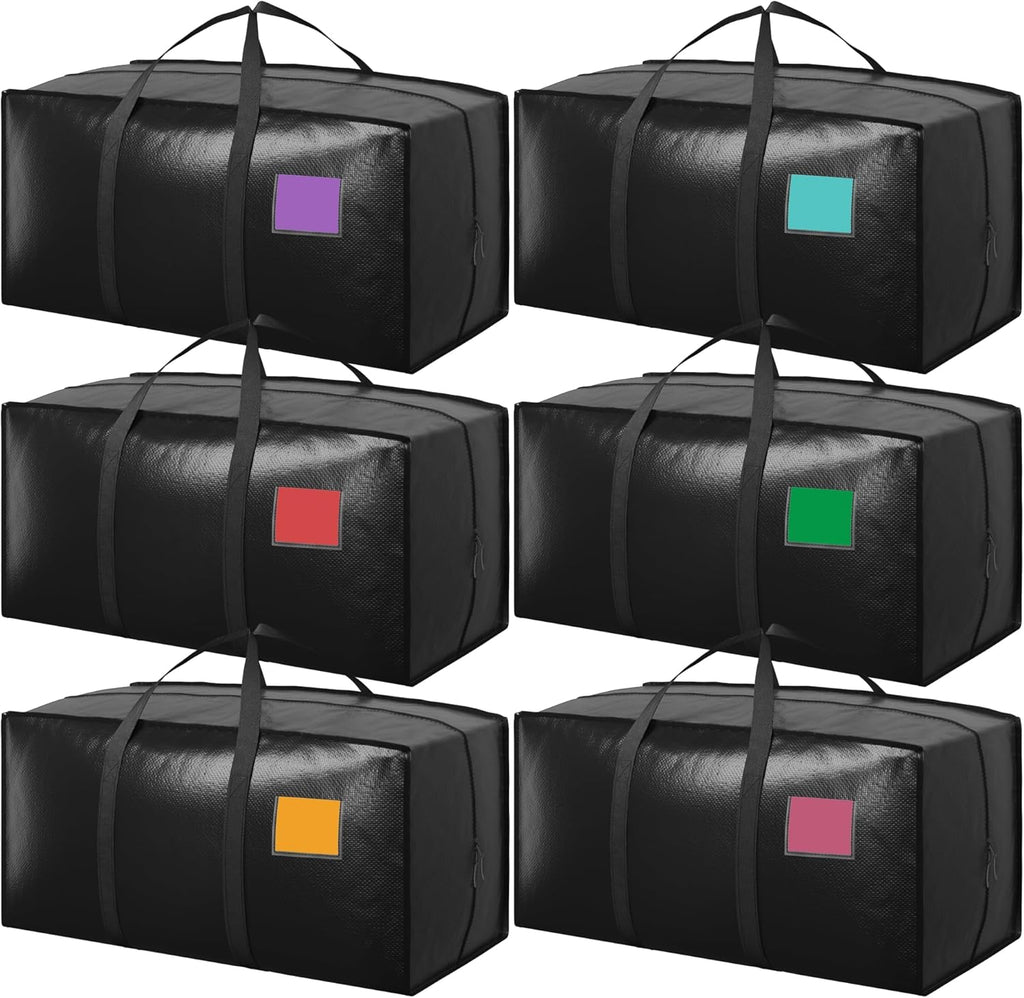 Skiennix Extra Large Heavy Duty Moving Bags - Moisture-Resistant Storage Bins with Reinforced Zipper & Wide Handles | Black, 6 Pack