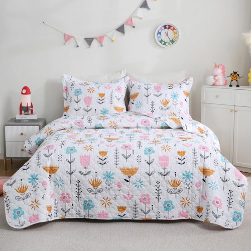 Girls Pink Floral Quilt Set Twin Size Kids Bedding Sets Lightweight Summer Bedspread Soft Microfiber Breathable Bed Comforter All-Season