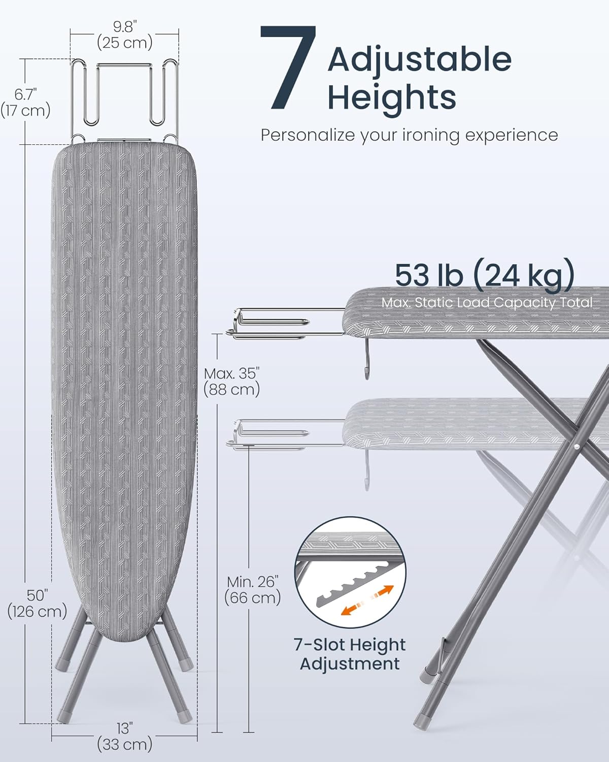 SONGMICS Ironing Board - Foldable & Height Adjustable Up to 35 Inches | 4-Layer Cover & Iron Rest, Dove Gray