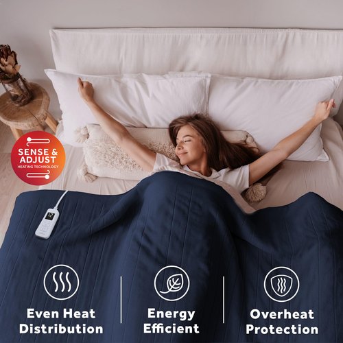 Sunbeam Royal Ultra Fleece Heated Electric Blanket, Twin Size, 84" x 62", 12 Heat Settings, 12-Hour Auto Shut-Off, Indigo