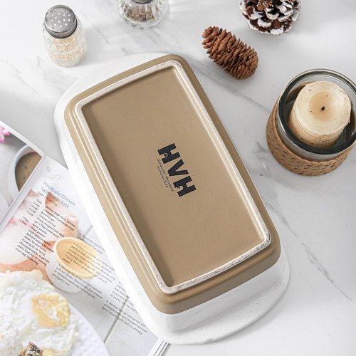 HVH Ceramic Loaf Pan - 9 x 5 Inch Rectangular Bread Baking Dish | Farmhouse Style (White)