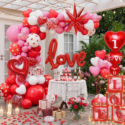172pcs Valentines Balloon Arch Garland Kit with Pink White Red Confetti Heart shape Balloons I Love You Foil Balloons Explosion Star Balloons Rose Petals for Anniversary Wedding Romantic Decorations