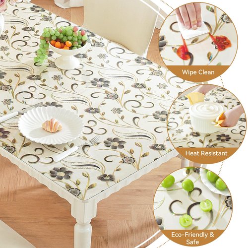 LovePads Floral Table Protector 42 x 84 Inch, 1.5mm Thick Plastic Table Cover, Waterproof Vinyl Tablecloth Rectangular Desk Protector Mat for Kitchen, Dining Room & Coffee Tabletop