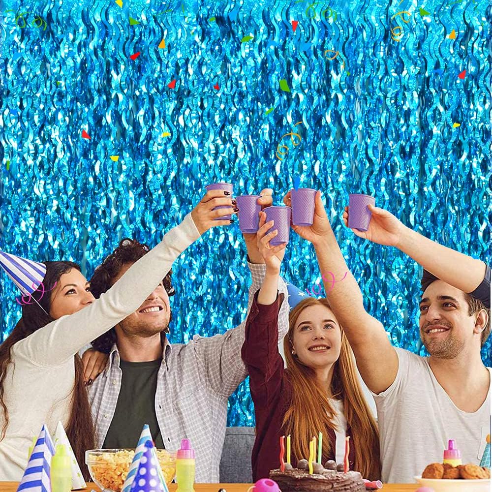TONIFUL Wavy Metallic Tinsel Foil Fringe Curtains - Teal Blue Photo Booth Backdrop | 6.6ft x 6.6ft