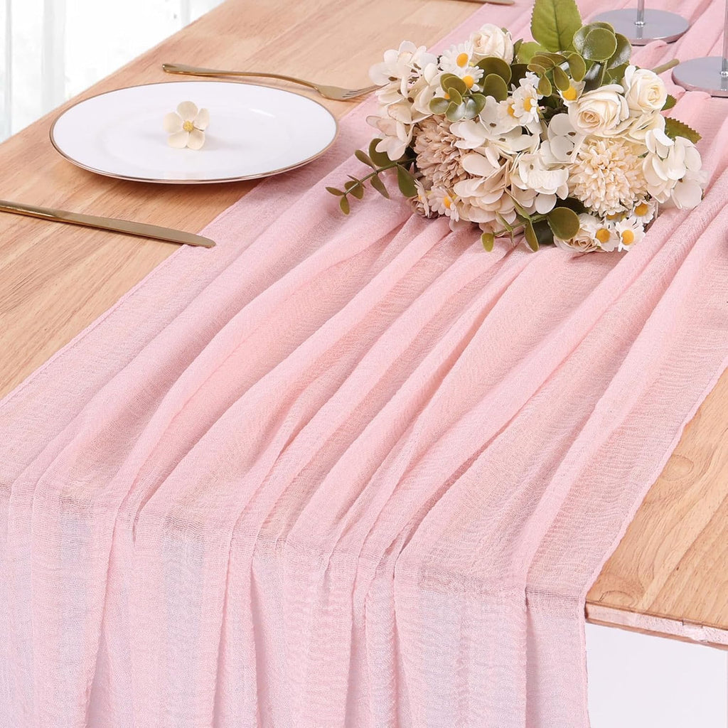 Skiennix Blushing Pink Cheesecloth Table Runner - 10ft Boho Rustic Decor for Weddings & Events | 32x120 Inches