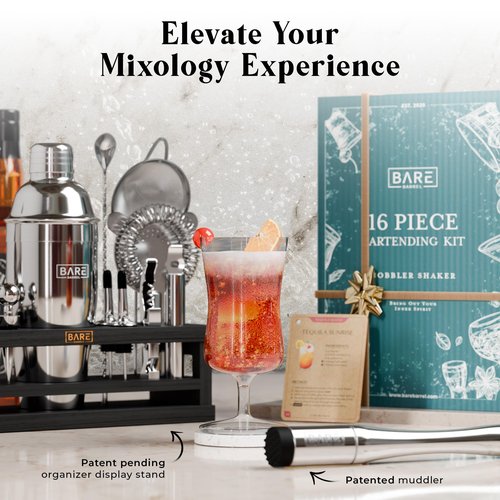 BARE BARREL® Mixology Bartender Kit Bar Set | 16-Piece Cocktail Shaker Set | Martini Barware Mixing Tools for Home Bartending | Incl. 35 Recipe Cards | Gift Set (24oz Cobbler Shaker, Silver/Black)