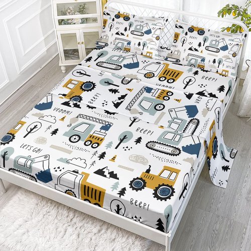 Datura home Woodland Construction Sheets Set 4Pcs for Kids,Cartoon Excavator Truck Lifter Print Sheet Set with 1 Flat Sheet and 1 Fitted Sheet + 2 Pillowcases(Woodland Construction Full)