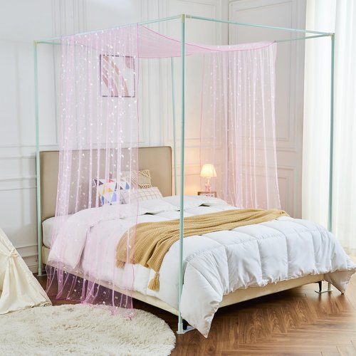 WANFASO Pink Horse Canopy Bed Curtains with Lights, Princess Bed Canopy for Girls Kids Room Decor, Sheer House Twin Bed Canopy Curtains Scarf (2 Panel)