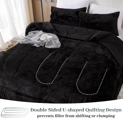 YIYEA Faux Fur Queen Size Comforter Set, Luxury Ultra Soft Fluffy Comforter, Plush Fuzzy Bedding Comforter Sets for Fall Winter, Cozy Warmth, No Shedding, 3PC, Queen, Black