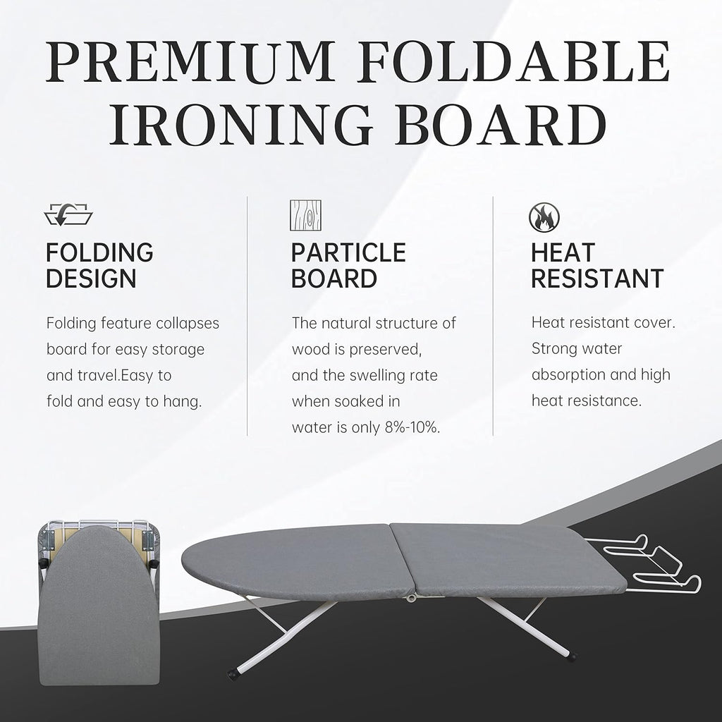 ZOES HOMEWARE Portable Ironing Board - Foldable Design with Heat Resistant Cover & Cotton Pad | 31.5"x11.8"x7", Grey