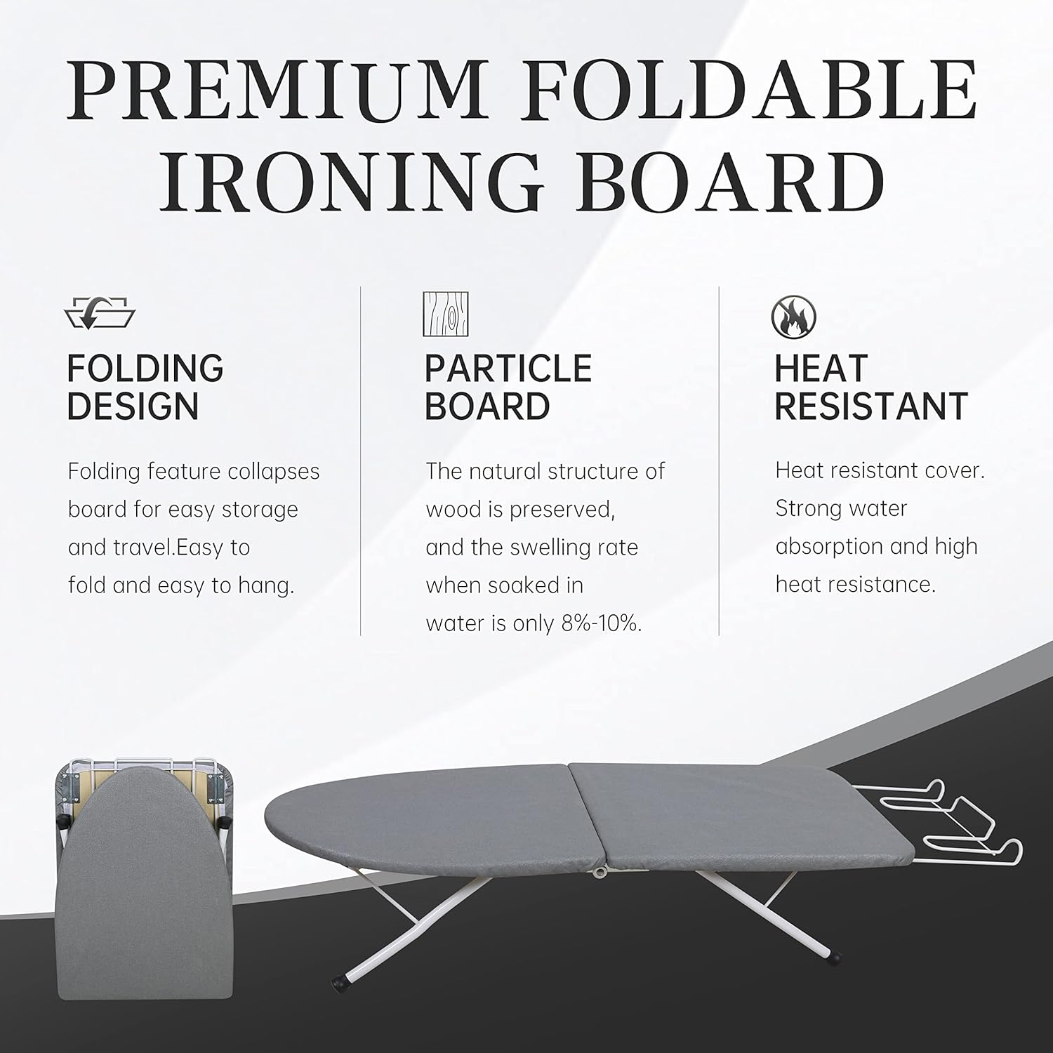 ZOES HOMEWARE Portable Ironing Board - Foldable Design with Heat Resistant Cover & Cotton Pad | 31.5"x11.8"x7", Grey