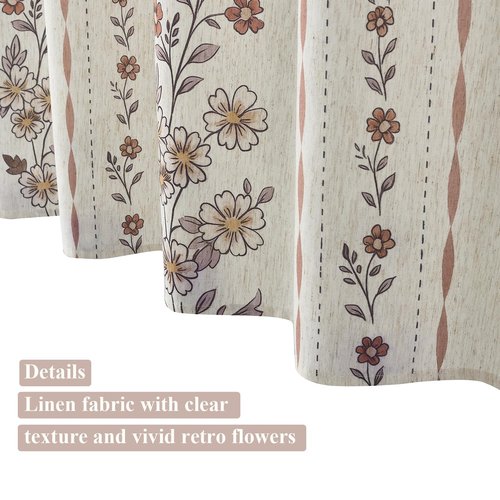ORTIGIA Boho Floral Shower Curtains for Bathroom Linen Vintage Shower Curtain Set with Metal Hooks Waterproof Block Print Rustic Fabric Bath Curtain for Home, Weighted, 72x72