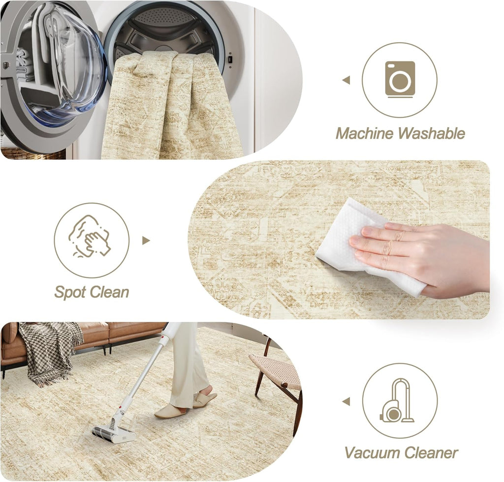 Soalmost Washable Area Rug - Vintage Beige 8x10 Soft Non-Slip Rug for Living Room & Bedroom