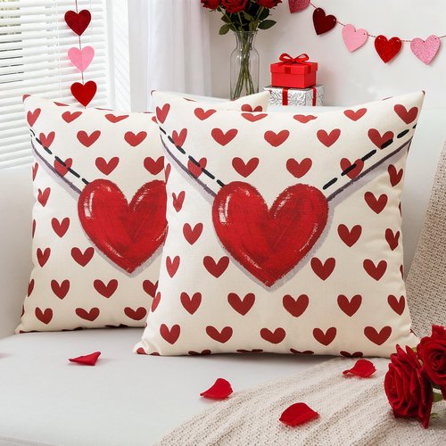 OTOSTAR Valentine's Day Throw Pillow Covers 18x18 Inch Set of 2, Red Hearts Envelope Anniversary Wedding Decorative Pillow Cases Winter Holiday Cushion Covers for Sofa Couch