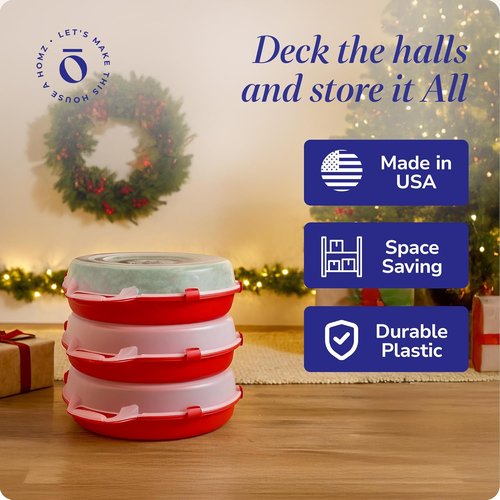 HOMZ 3-Pack Wreath Storage Containers - 24 Inch Clear Plastic Bins with Lids & Handles for Holiday Decor