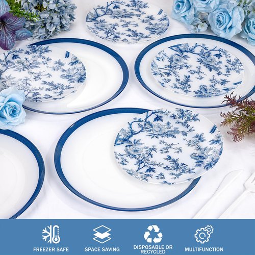 EI 60pcs Blue and White Floral Plastic Plates Fancy Blue Floral Disposable Heavy Duty,10.25inch Dinner Plate and 7.5inch Dessert Plate,Disposable Nice Plastic Plates for Party,Wedding(Value,Elegant )
