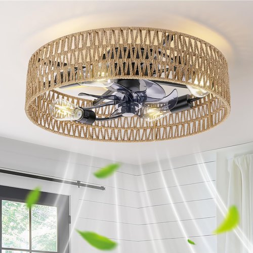 G-SAFAVA 20" Boho Ceiling Fans with Lights and Remote, 6 Wind Speeds 3 Timing Quiet Rattan Flush Mount Low Profile Ceiling Fan for Bedroom Living Room, Rustic Reversible Caged Ceiling Fan, Beige