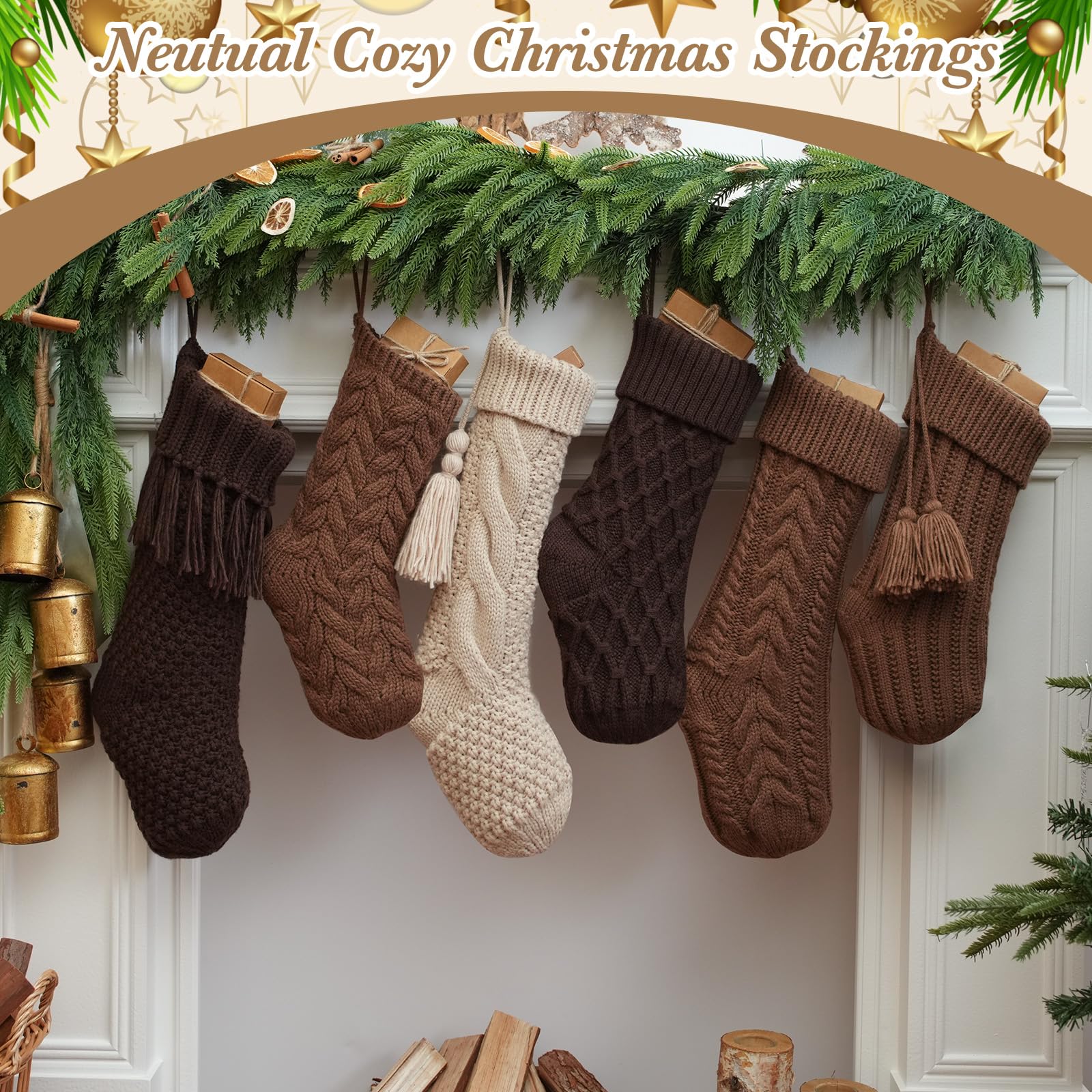 steo spce 6 Pack Vintage Knit Christmas Stockings – White Beige Apricot Rustic Boho Farmhouse Cable Knitted Holiday Set, 3 Large 18” and 3 Small 15” Neutral Stockings (Brown Color)
