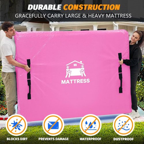 Mattress Bags for Moving, BETU Mattress Protector Waterproof Mattress Cover Queen Size Storage Bags with 8 Heavy-Duty Handles and Zipper for Bed Extra Thick Large Reusable (82"x62"x15" Pink)