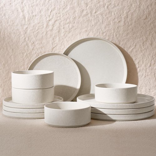 Famiware Nebula Plates and Bowls Sets, 12 Pieces Stoneware Dinnerware Sets, Reactive Glaze Dish Set, Dishes Set for 4, Matte Beige White