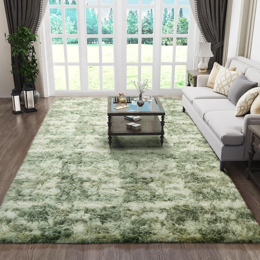 Ophanie Area Rugs - Fluffy Green and White Shag Carpet for Living Room | 6x9 Soft Plush Design