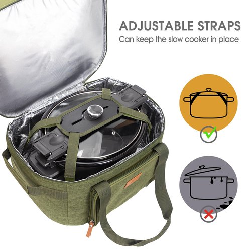 FUN ELEMENTS Double Layer Slow Cooker Carrying Bag for 6-8 Quart Oval CrockPot, Insulated Travel Carrier with Support Pad and Adjustable Straps, Top Zip Compartment and Front Pocket for Utensils,Green